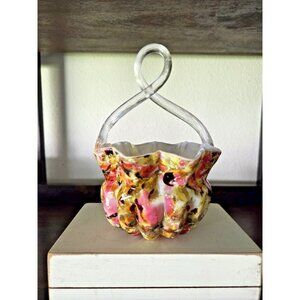 End of Day Cased Splatter Art Glass Basket w/ Silver Aventurine & Rope Handle 7"